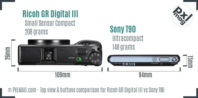 Ricoh GR Digital III vs Sony T90 top view buttons comparison