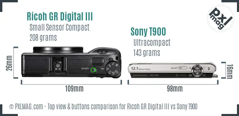 Ricoh GR Digital III vs Sony T900 top view buttons comparison