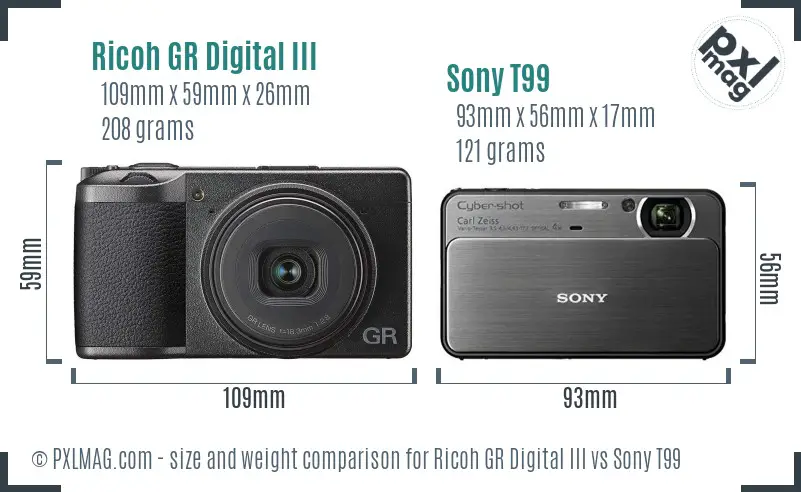 Ricoh GR Digital III vs Sony T99 size comparison