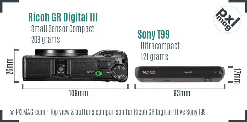 Ricoh GR Digital III vs Sony T99 top view buttons comparison
