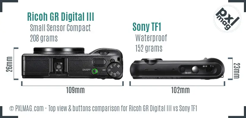 Ricoh GR Digital III vs Sony TF1 top view buttons comparison