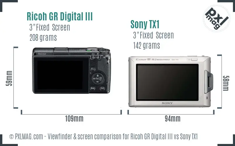 Ricoh GR Digital III vs Sony TX1 Screen and Viewfinder comparison
