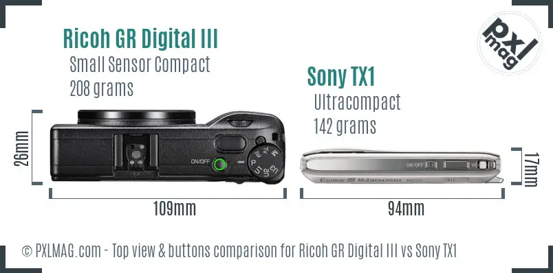Ricoh GR Digital III vs Sony TX1 top view buttons comparison