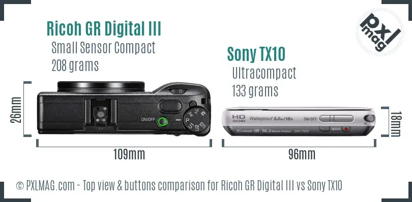 Ricoh GR Digital III vs Sony TX10 top view buttons comparison