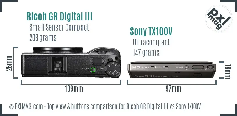 Ricoh GR Digital III vs Sony TX100V top view buttons comparison