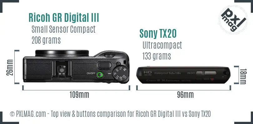 Ricoh GR Digital III vs Sony TX20 top view buttons comparison