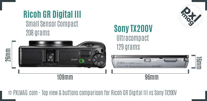 Ricoh GR Digital III vs Sony TX200V top view buttons comparison