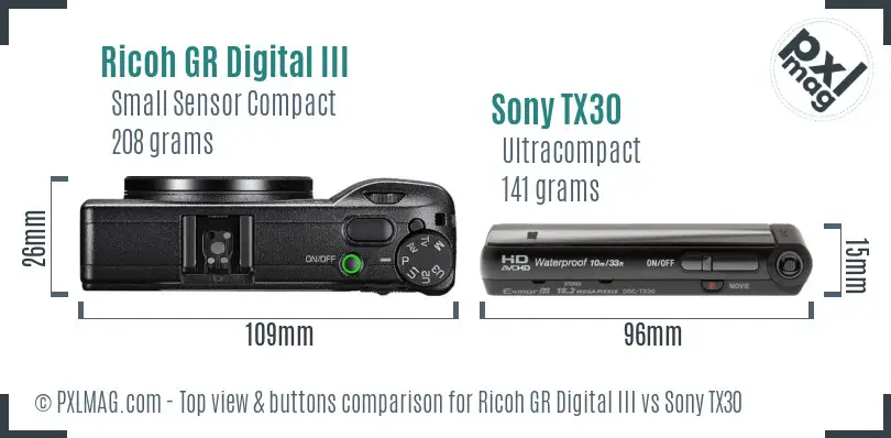 Ricoh GR Digital III vs Sony TX30 top view buttons comparison
