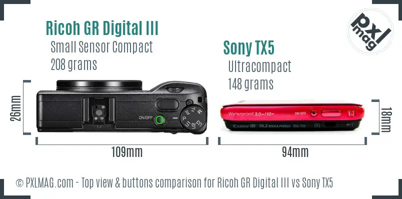 Ricoh GR Digital III vs Sony TX5 top view buttons comparison