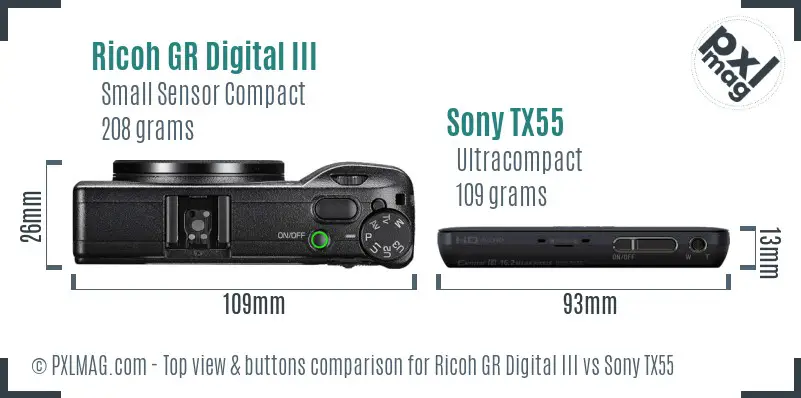 Ricoh GR Digital III vs Sony TX55 top view buttons comparison
