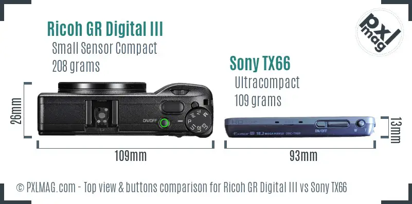 Ricoh GR Digital III vs Sony TX66 top view buttons comparison