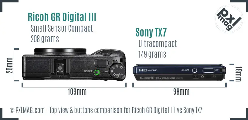 Ricoh GR Digital III vs Sony TX7 top view buttons comparison
