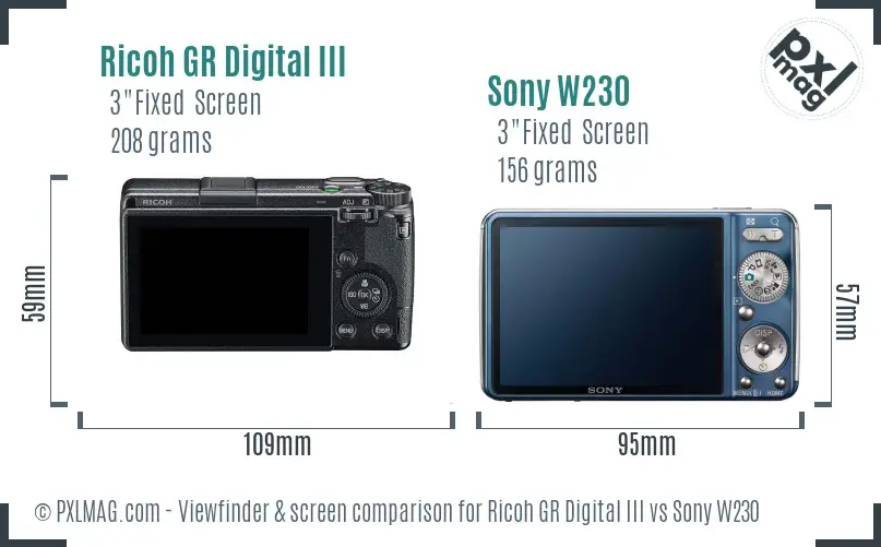 Ricoh GR Digital III vs Sony W230 Screen and Viewfinder comparison