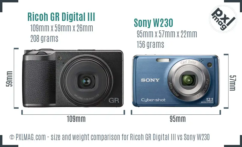 Ricoh GR Digital III vs Sony W230 size comparison