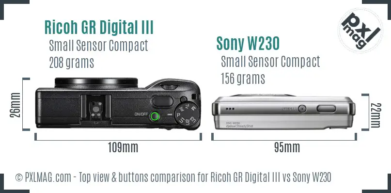 Ricoh GR Digital III vs Sony W230 top view buttons comparison