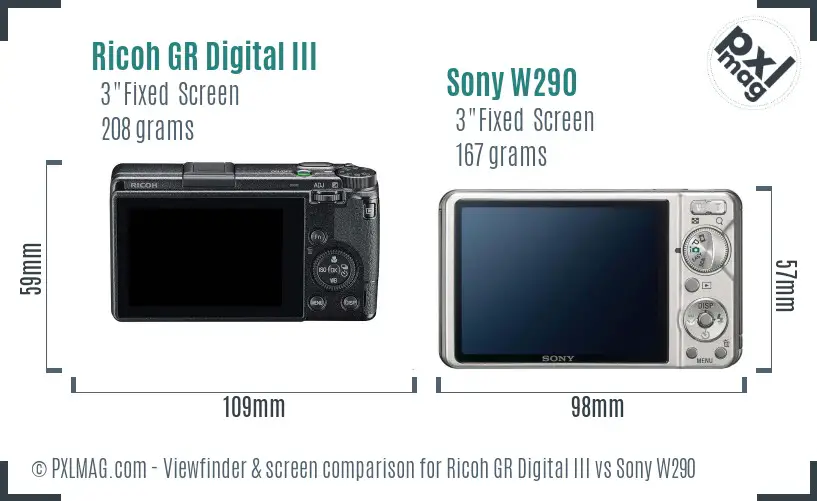 Ricoh GR Digital III vs Sony W290 Screen and Viewfinder comparison