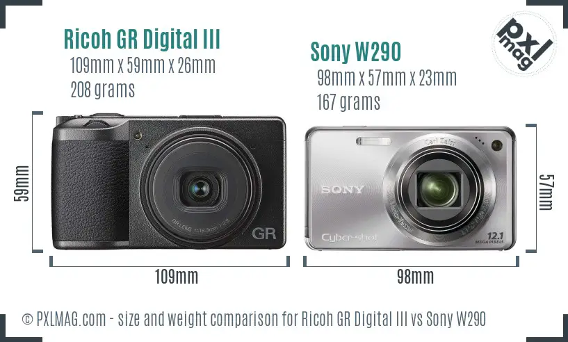 Ricoh GR Digital III vs Sony W290 size comparison