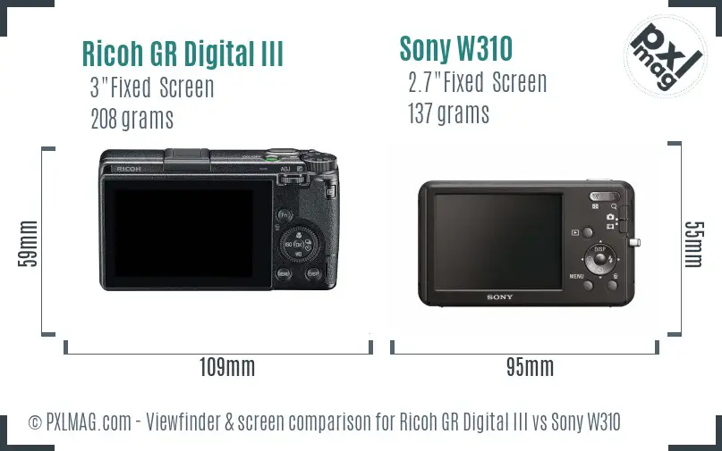 Ricoh GR Digital III vs Sony W310 Screen and Viewfinder comparison