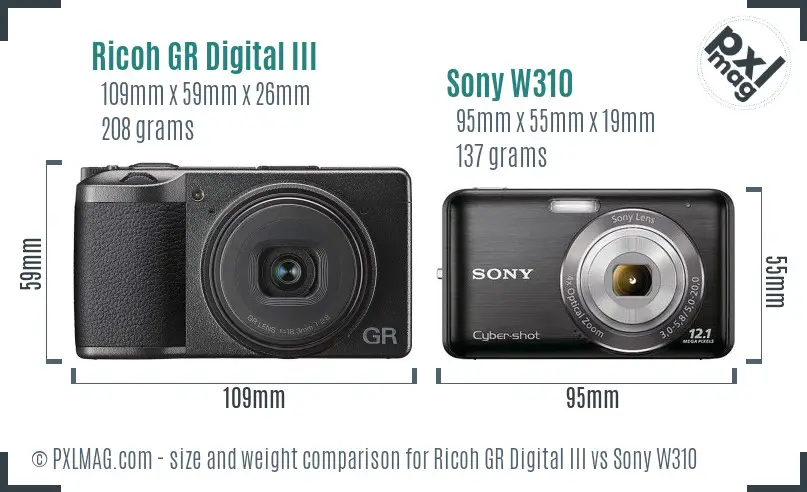 Ricoh GR Digital III vs Sony W310 size comparison