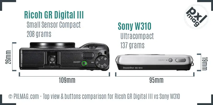 Ricoh GR Digital III vs Sony W310 top view buttons comparison