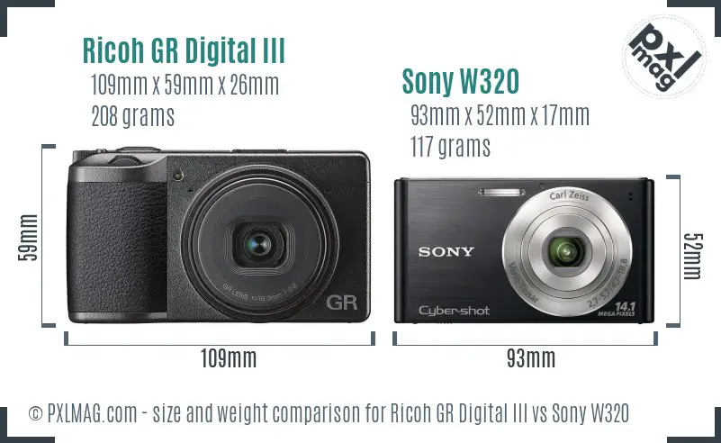Ricoh GR Digital III vs Sony W320 size comparison