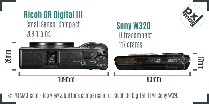 Ricoh GR Digital III vs Sony W320 top view buttons comparison