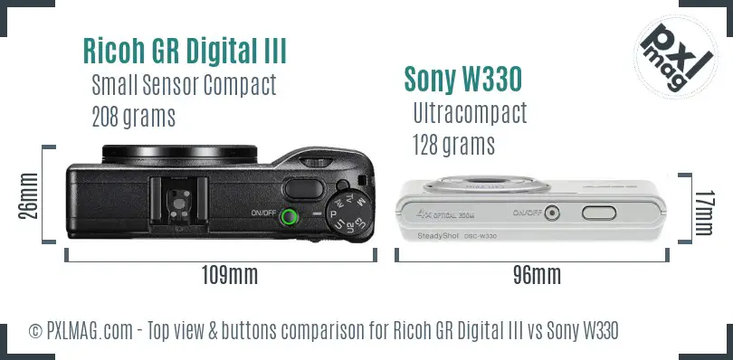 Ricoh GR Digital III vs Sony W330 top view buttons comparison