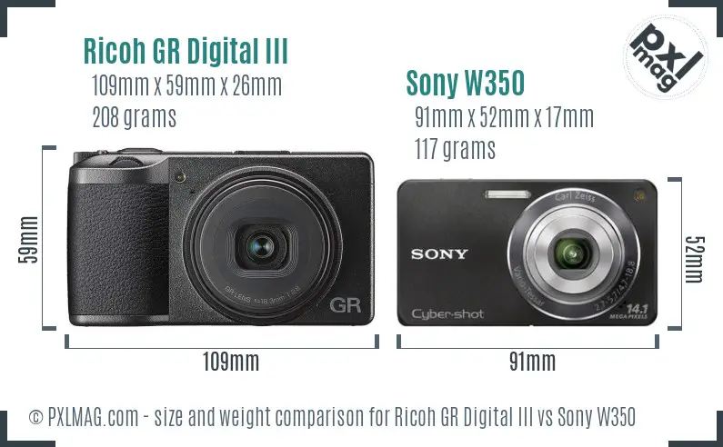 Ricoh GR Digital III vs Sony W350 size comparison