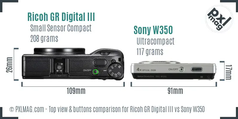 Ricoh GR Digital III vs Sony W350 top view buttons comparison