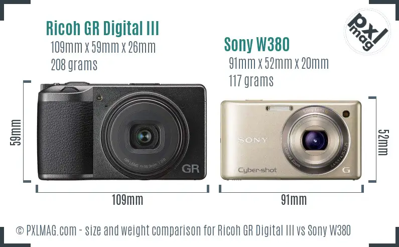 Ricoh GR Digital III vs Sony W380 size comparison