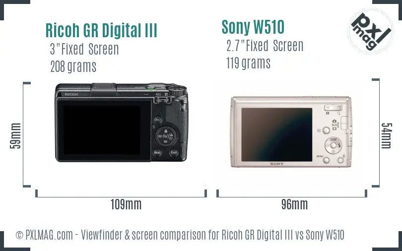 Ricoh GR Digital III vs Sony W510 Screen and Viewfinder comparison