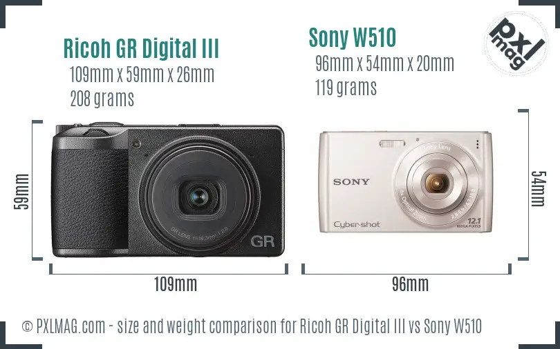 Ricoh GR Digital III vs Sony W510 size comparison