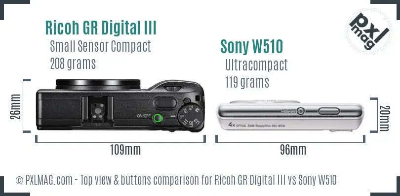 Ricoh GR Digital III vs Sony W510 top view buttons comparison