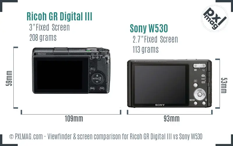 Ricoh GR Digital III vs Sony W530 Screen and Viewfinder comparison