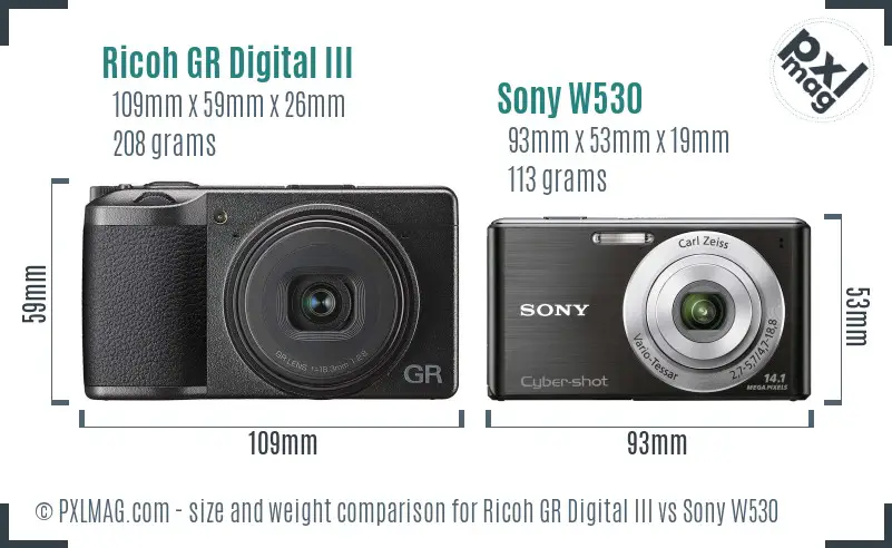 Ricoh GR Digital III vs Sony W530 size comparison
