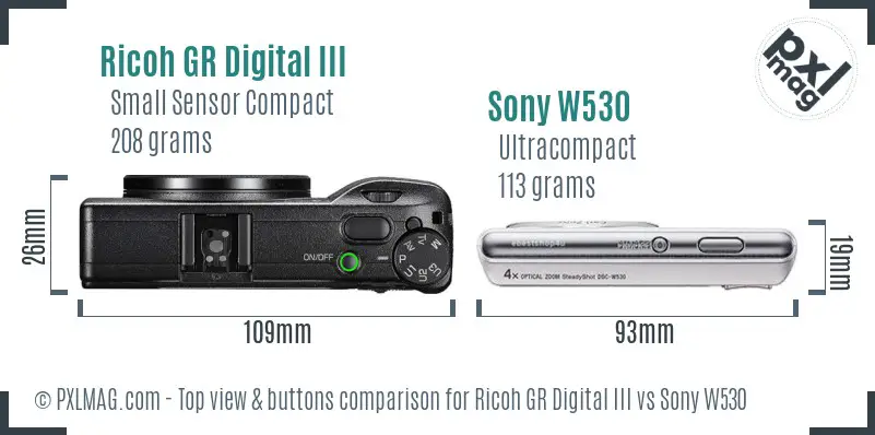 Ricoh GR Digital III vs Sony W530 top view buttons comparison