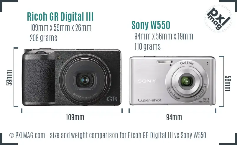 Ricoh GR Digital III vs Sony W550 size comparison