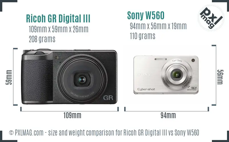Ricoh GR Digital III vs Sony W560 size comparison