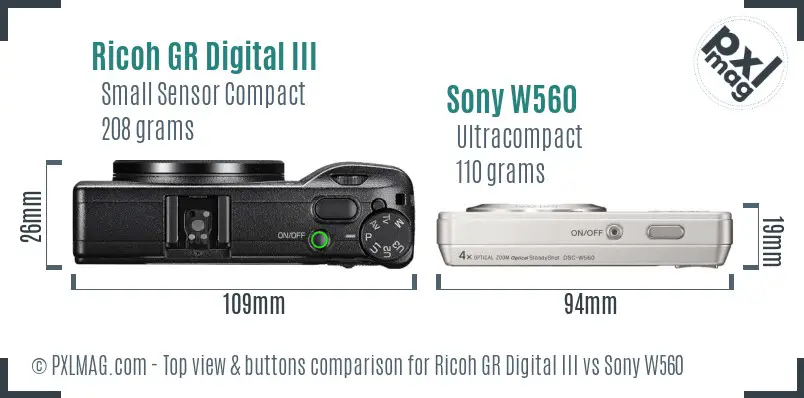 Ricoh GR Digital III vs Sony W560 top view buttons comparison