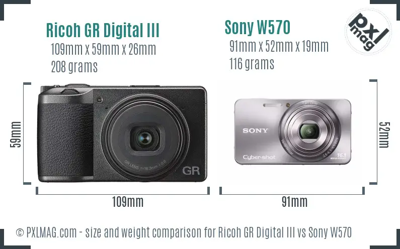 Ricoh GR Digital III vs Sony W570 size comparison