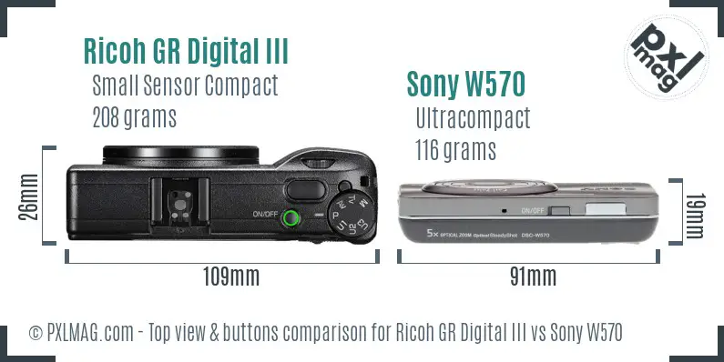 Ricoh GR Digital III vs Sony W570 top view buttons comparison