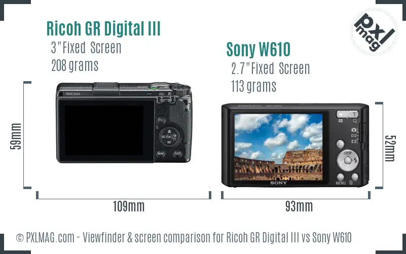 Ricoh GR Digital III vs Sony W610 Screen and Viewfinder comparison