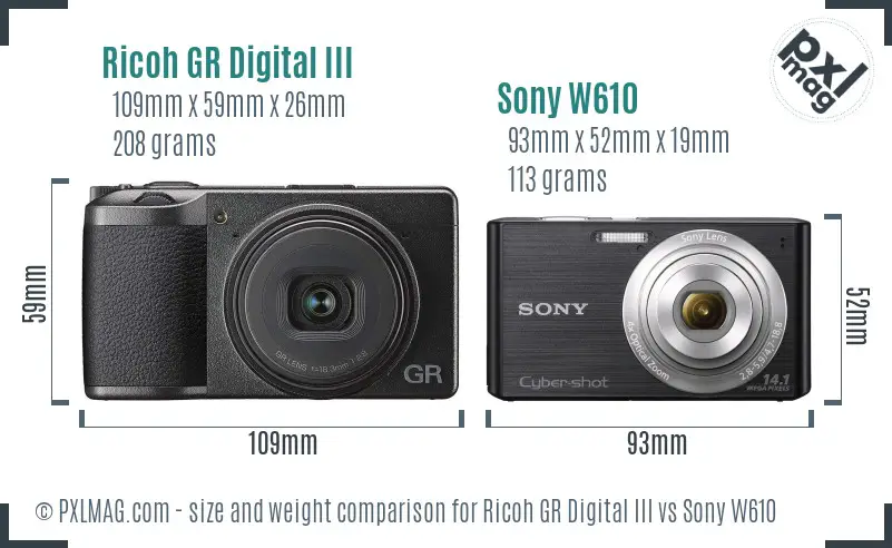 Ricoh GR Digital III vs Sony W610 size comparison