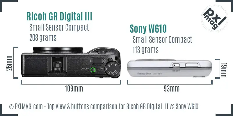 Ricoh GR Digital III vs Sony W610 top view buttons comparison