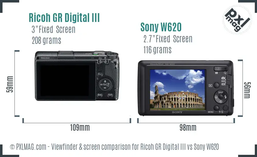 Ricoh GR Digital III vs Sony W620 Screen and Viewfinder comparison