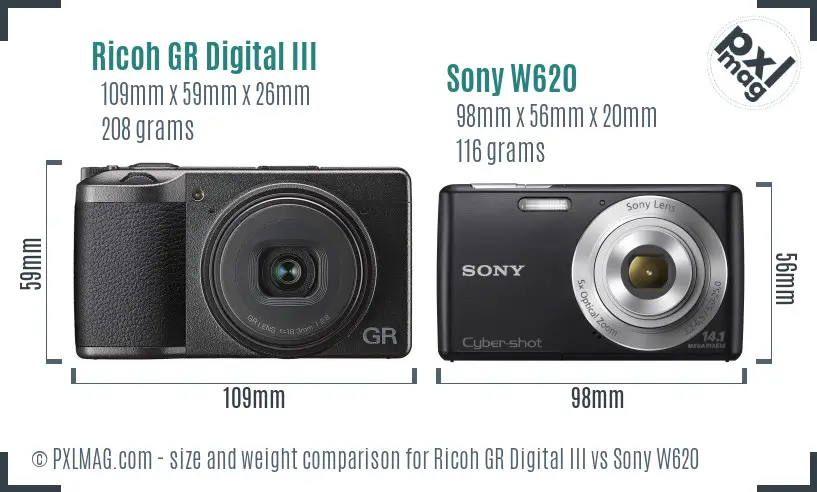 Ricoh GR Digital III vs Sony W620 size comparison