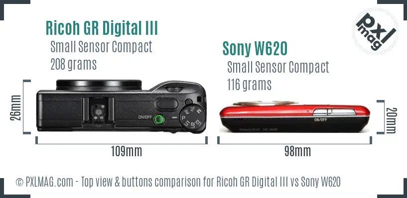 Ricoh GR Digital III vs Sony W620 top view buttons comparison