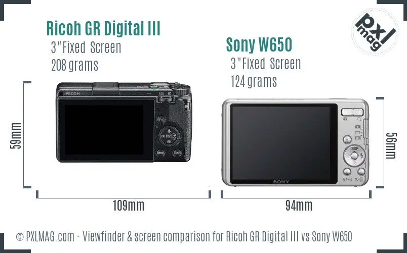 Ricoh GR Digital III vs Sony W650 Screen and Viewfinder comparison