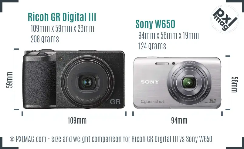 Ricoh GR Digital III vs Sony W650 size comparison