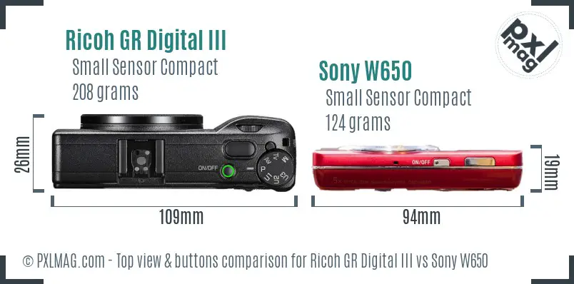 Ricoh GR Digital III vs Sony W650 top view buttons comparison